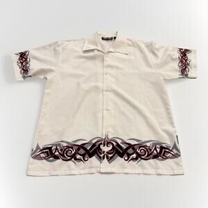 Vintage Dragonfly Mens White Tribal Print Button Up Short Sleeve Shirt Size XL